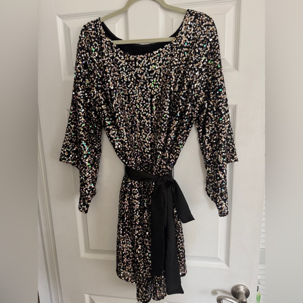Sequin Black Dress with Belt - Anthropologie
